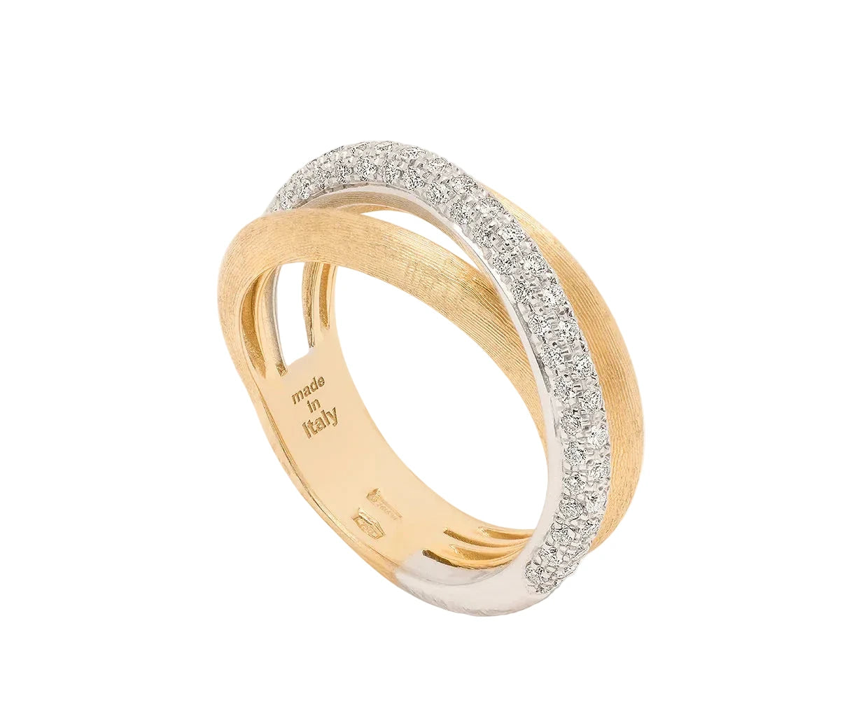 Gold and white gold diamond ring with 'made in Italy' engraving on a white background
