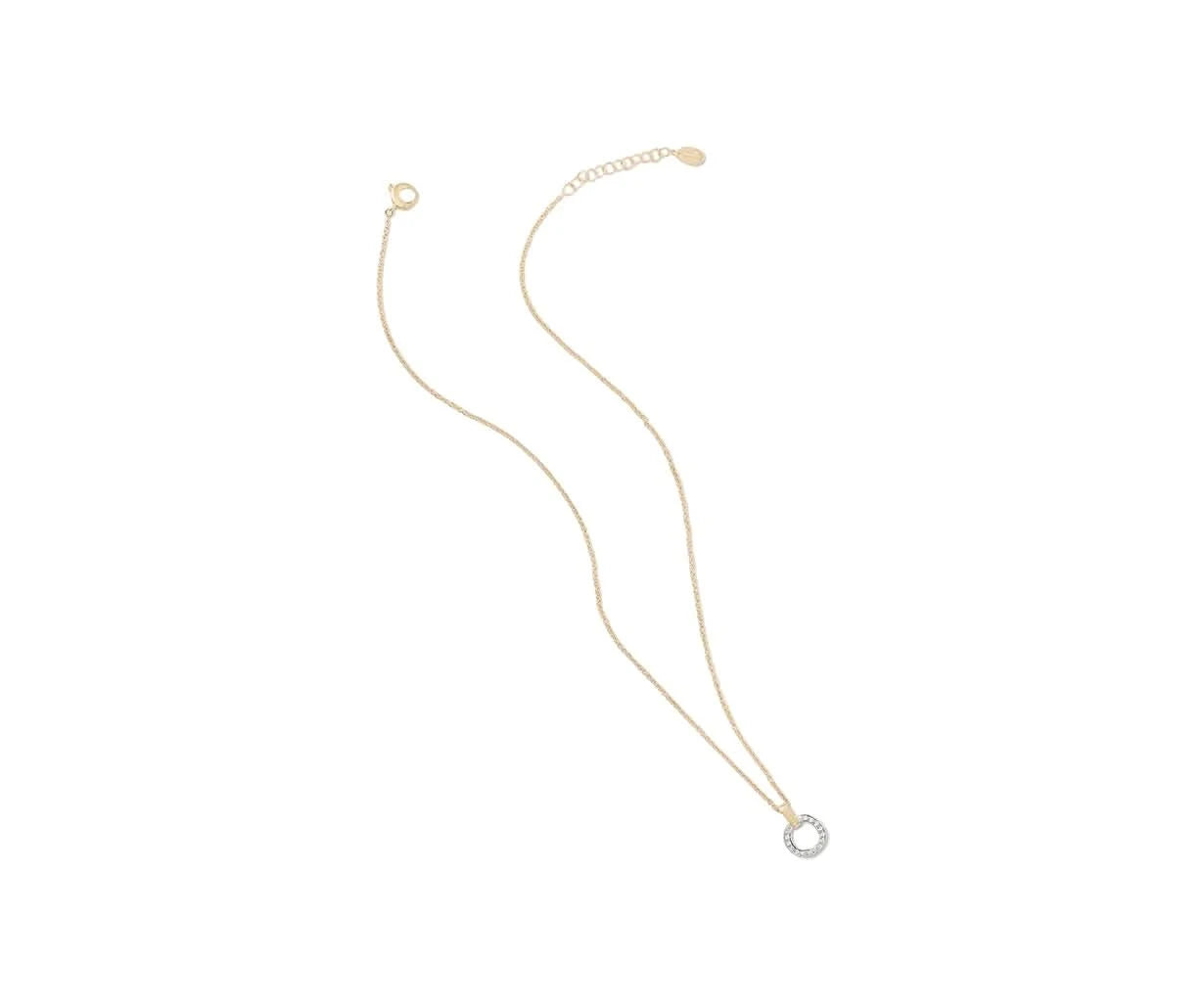 A delicate gold chain necklace with a small circular pendant featuring a halo of tiny clear stones, displayed on a solid off-white background.