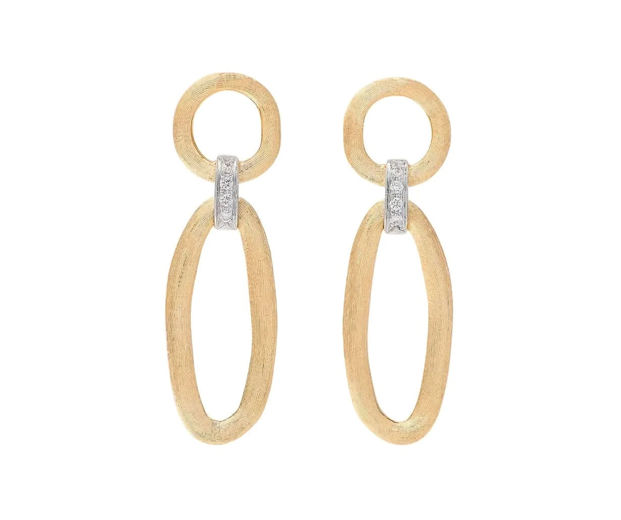 Gold round and oval drop earrings with diamond accents on a white background