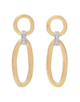 Gold round and oval drop earrings with diamond accents on a white background