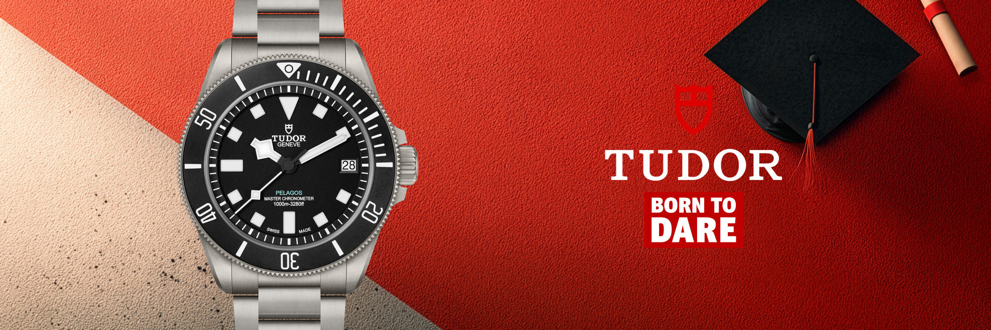 Tudor watch on red background with a graduation cap and diploma on a red background