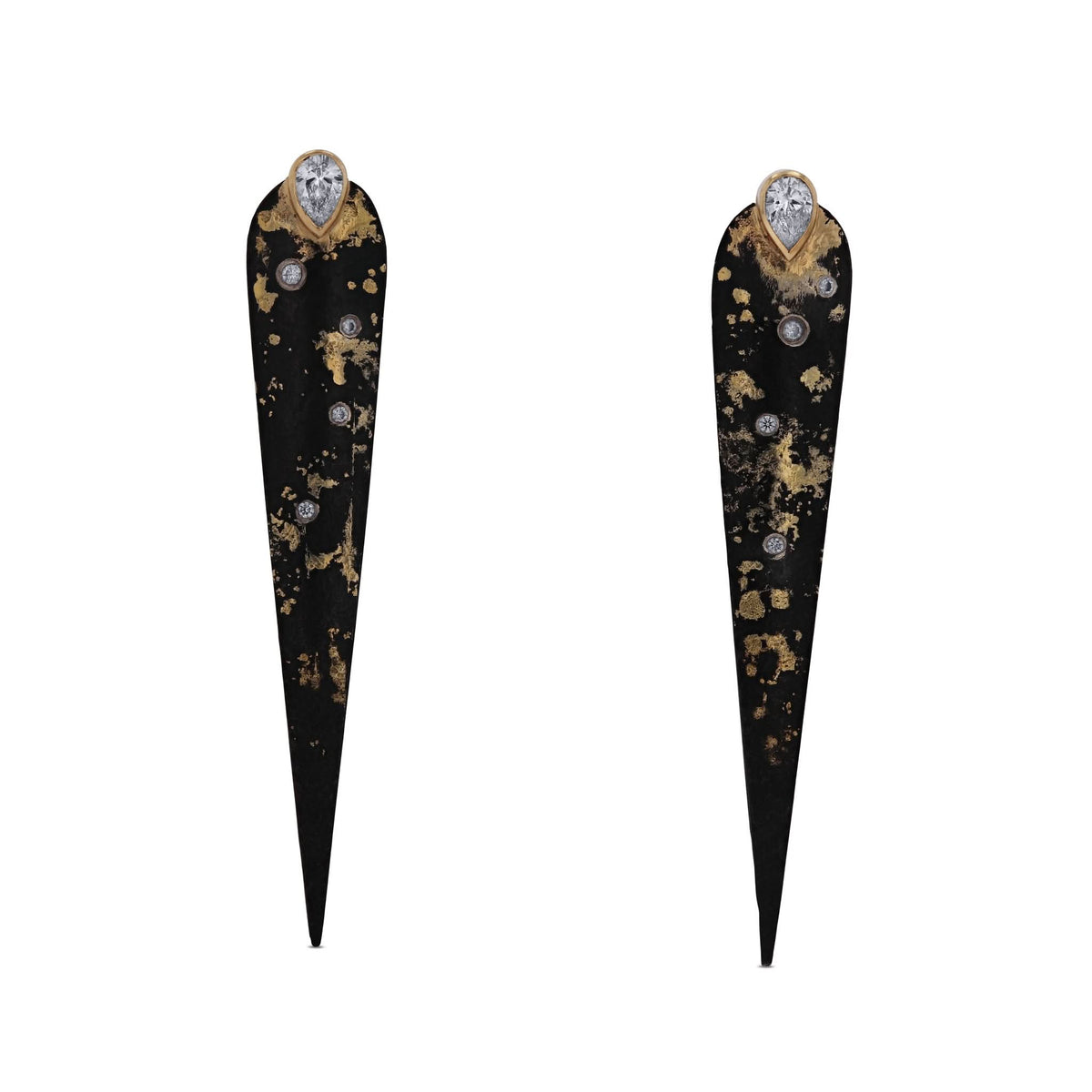 Logan James Talon PS elongated black steel and yellow gold earrings with pear-shaped diamonds and scattered diamond accents, front view