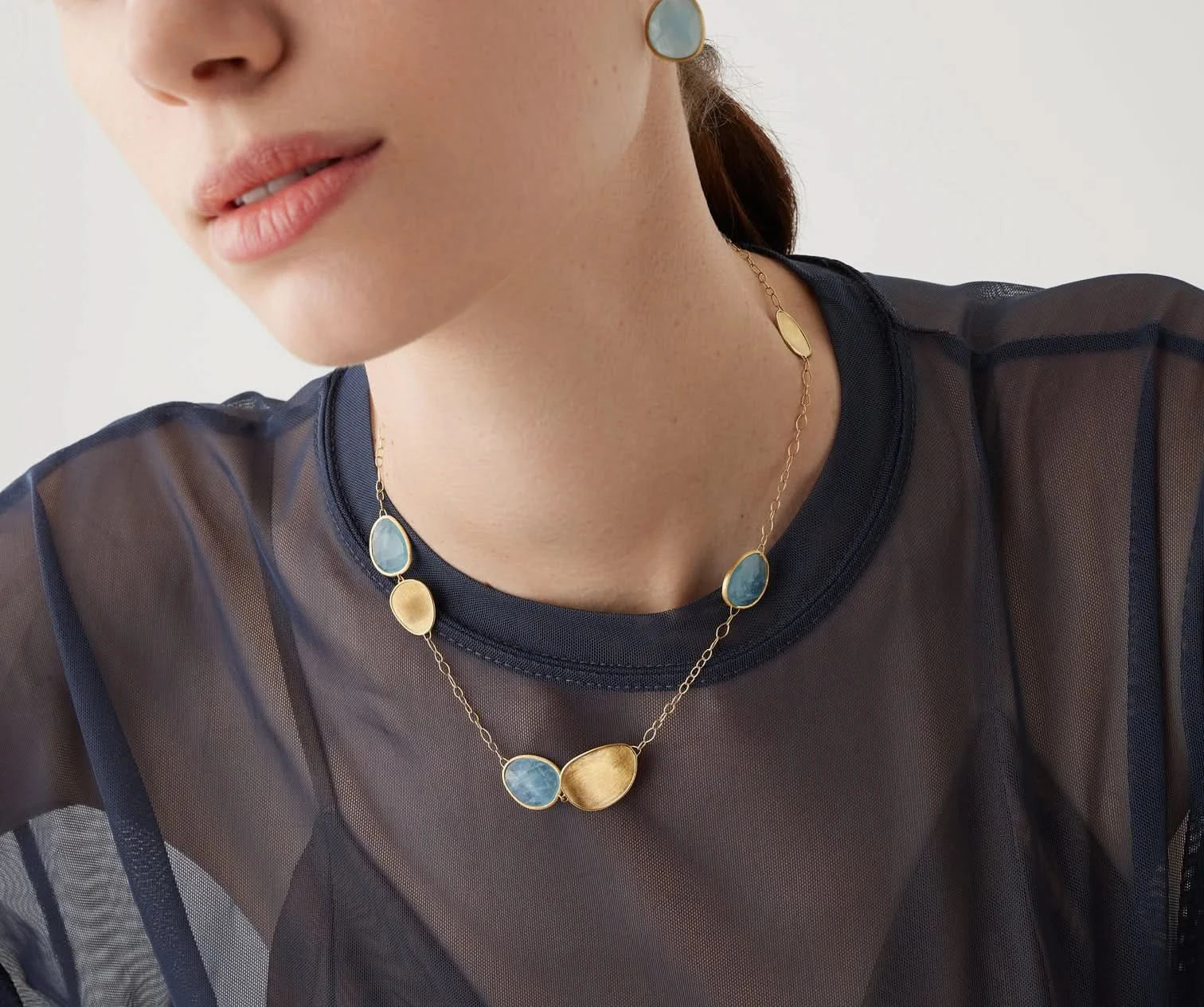 Marco Bicego Lunaria Color 18K Gold and Aquamarine Station Necklace - Skeie's Jewelers