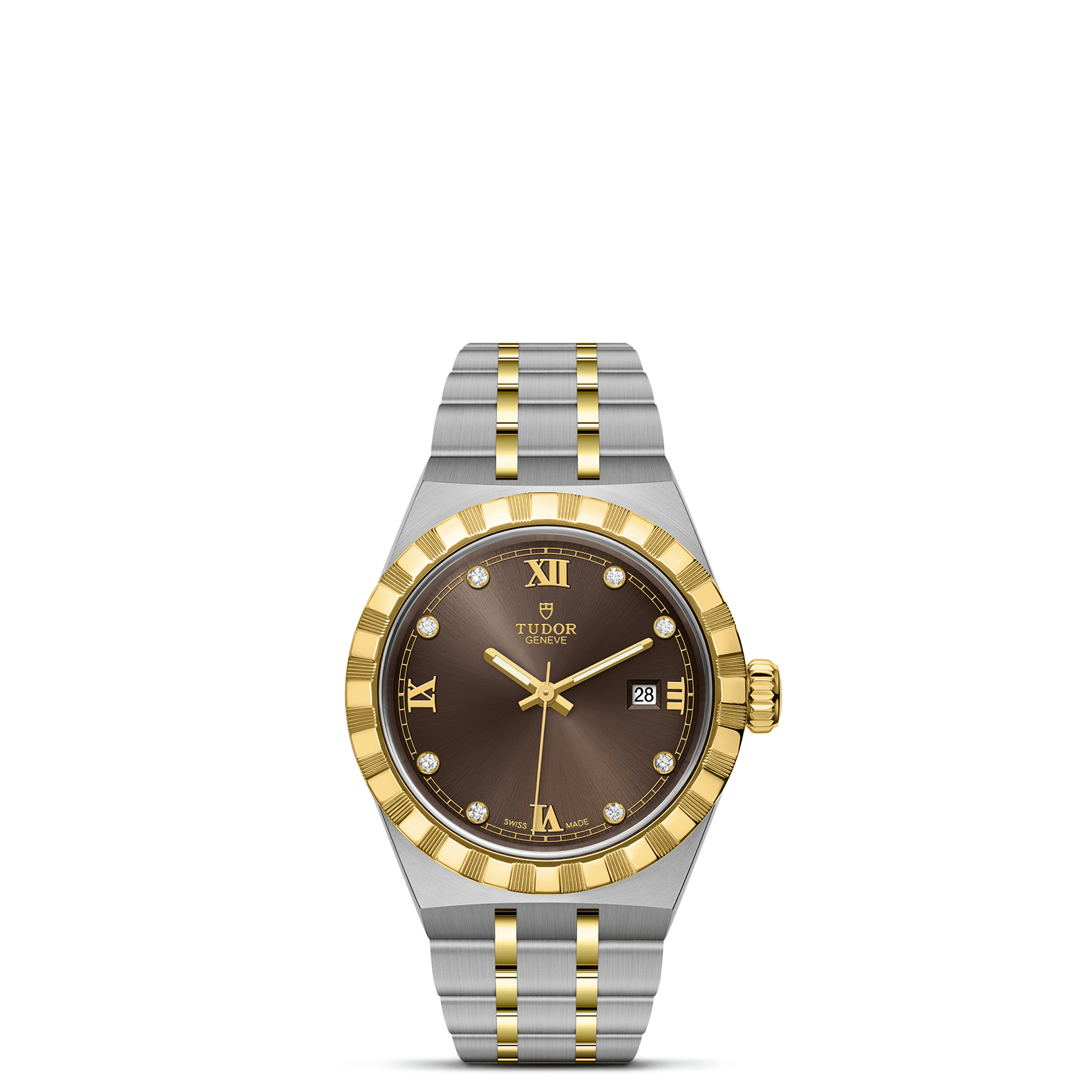 Tudor Royal 28mm Chocolate Brown Diamond Dial Steel and Yellow Gold Case-M28303-0009 - Skeie's Jewelers