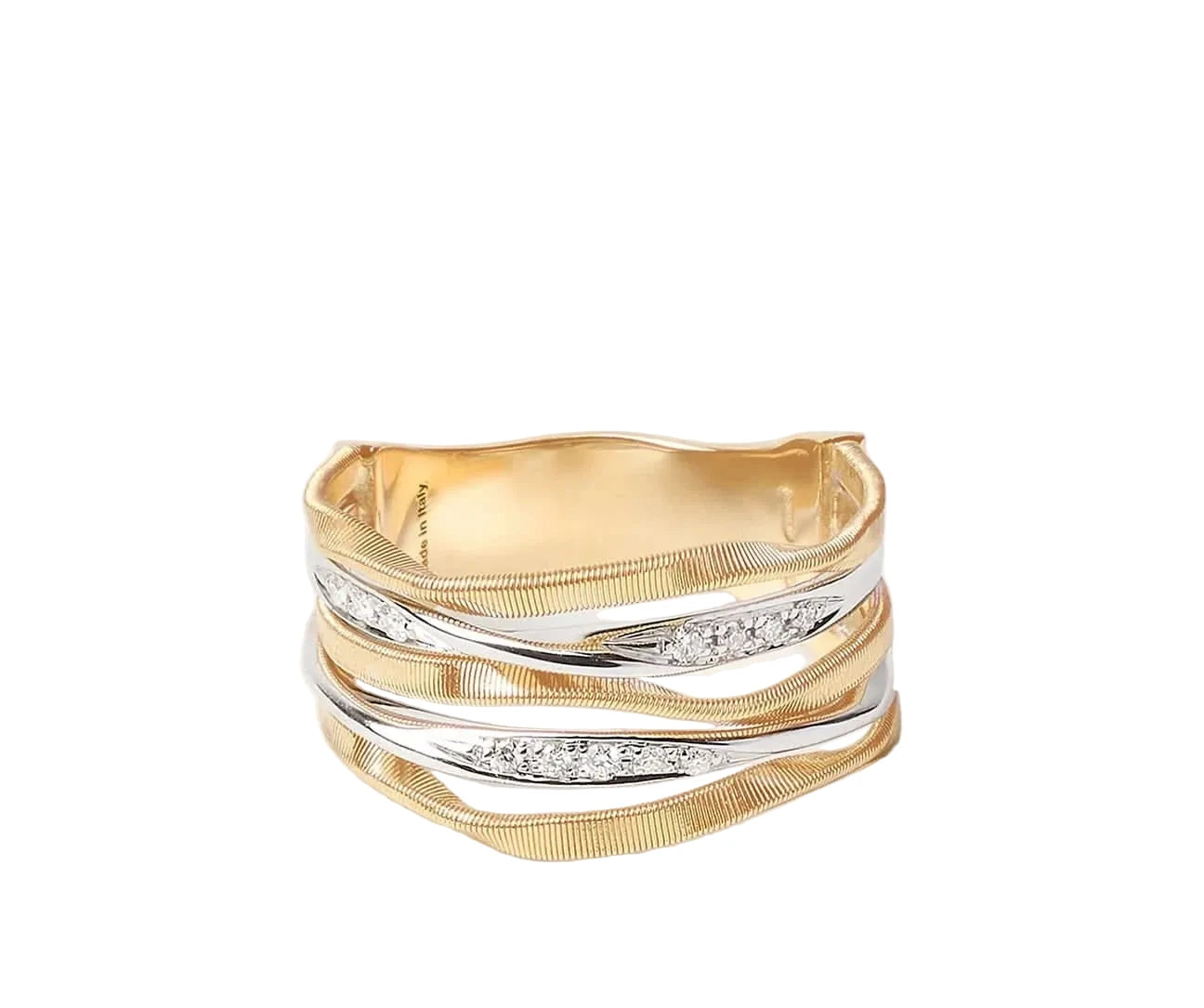 Gold and white gold ring with diamond accents on a light gray background