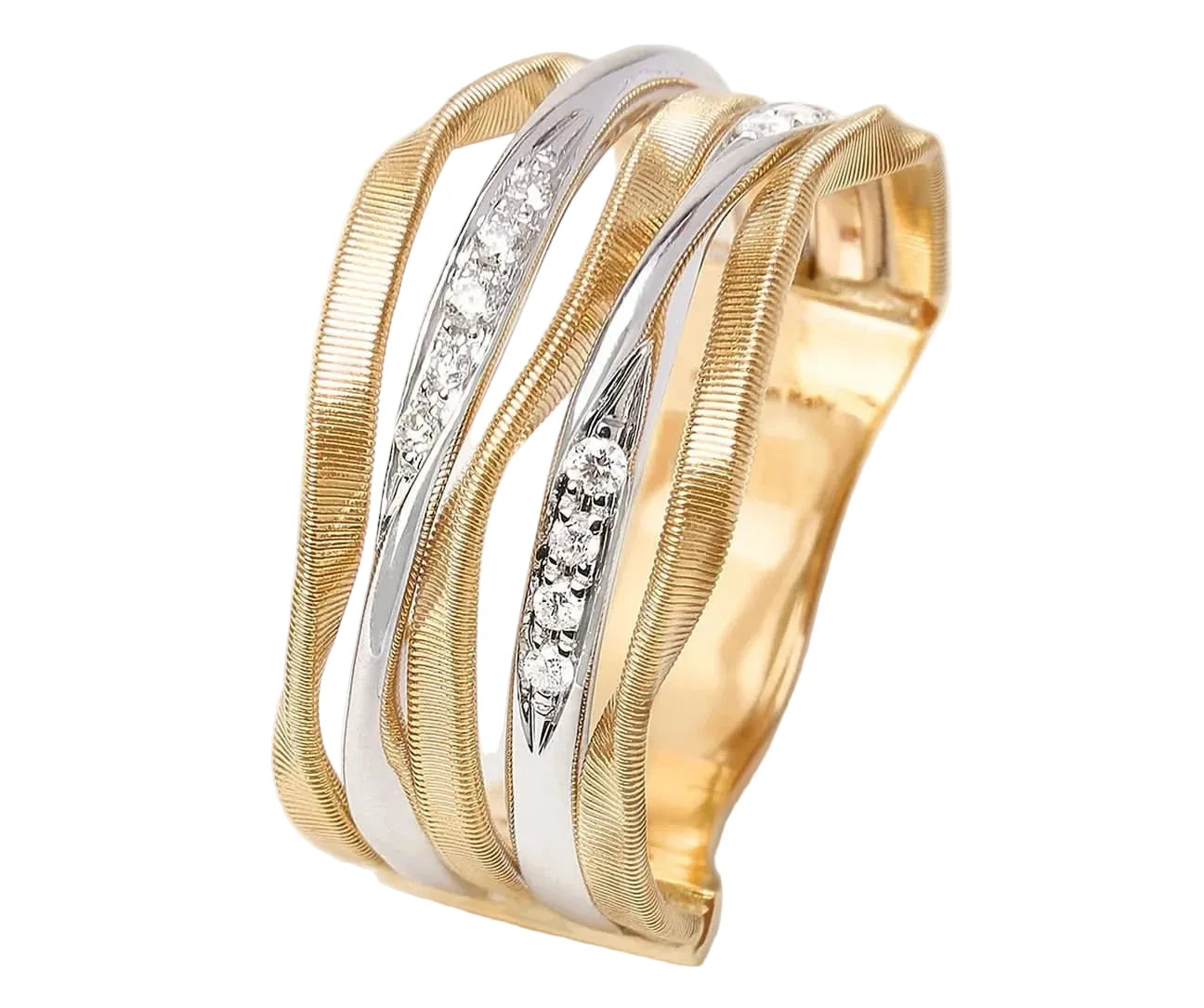 Gold and white gold bracelet with diamond accents on a white background angled