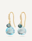 Gold earrings with blue gemstones on a white background