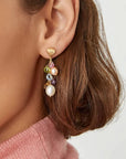 Close-up of an ear wearing a colorful beaded earring with a blurred background