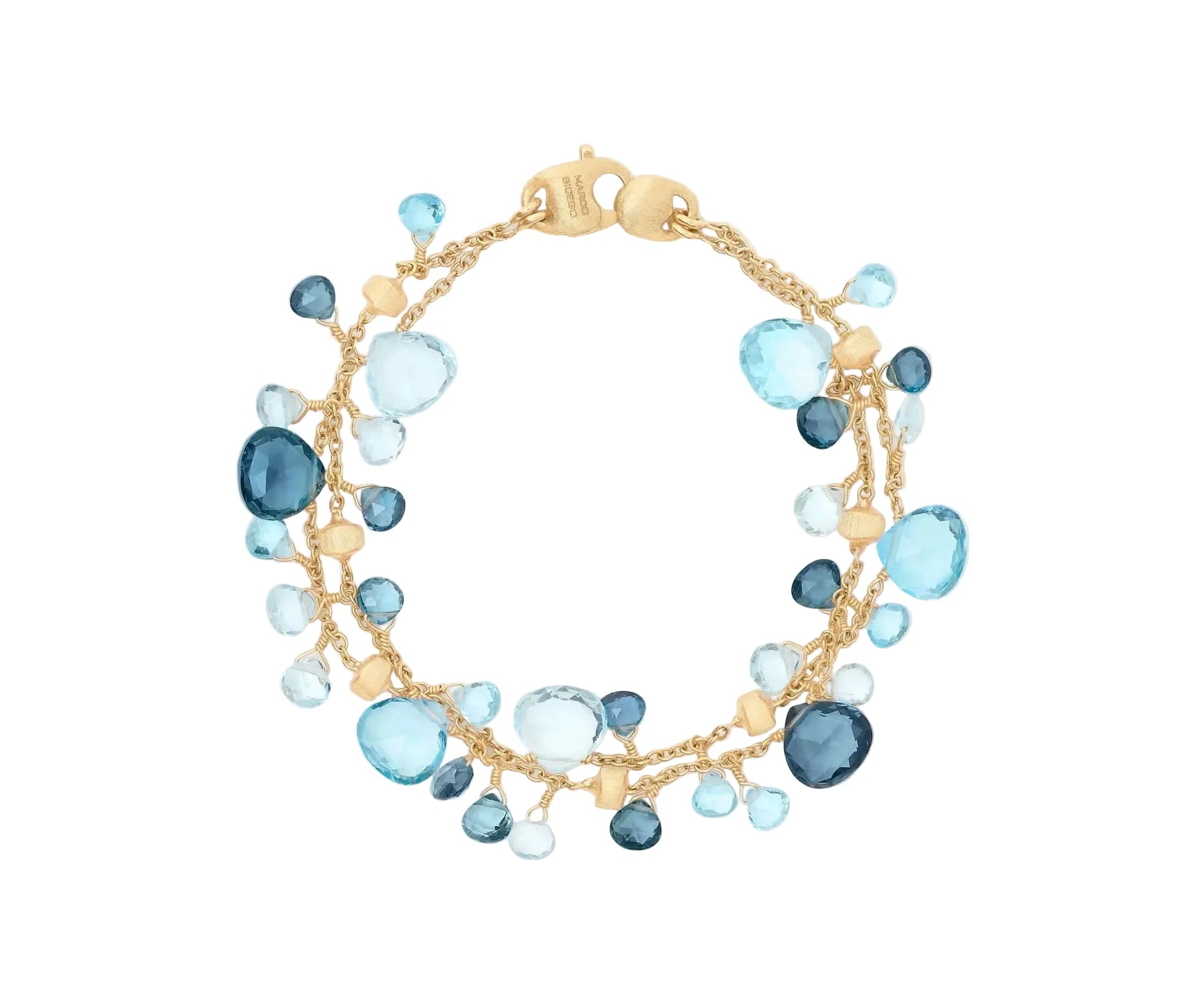 Gold bracelet with blue gemstones on a white background