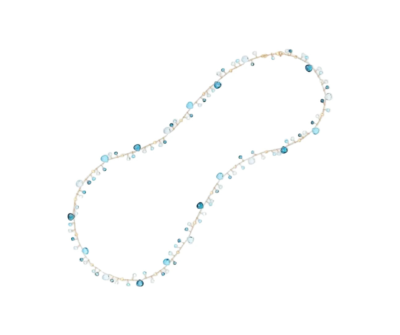 Necklace with blue and clear beads on a white background