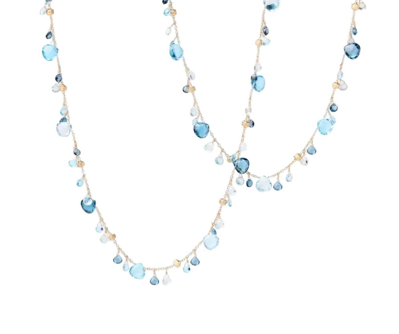 Two layered necklaces with blue and gold beads on a light background