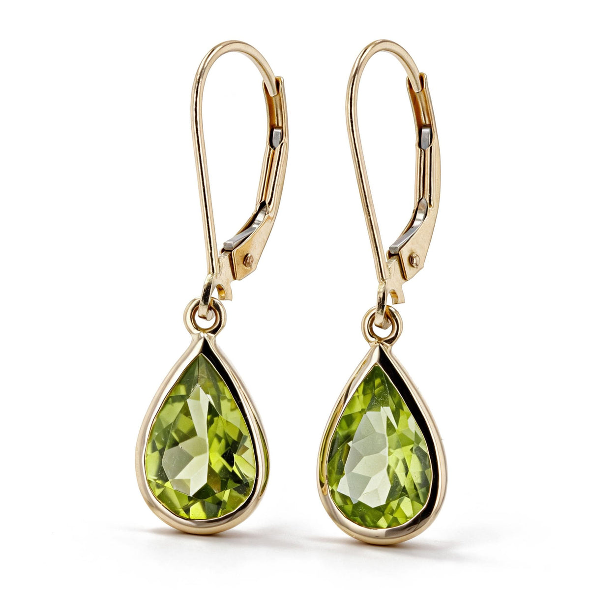 14K yellow gold pear-shaped peridot bezel drop earrings 3.10 carats total with leverback closures, front view