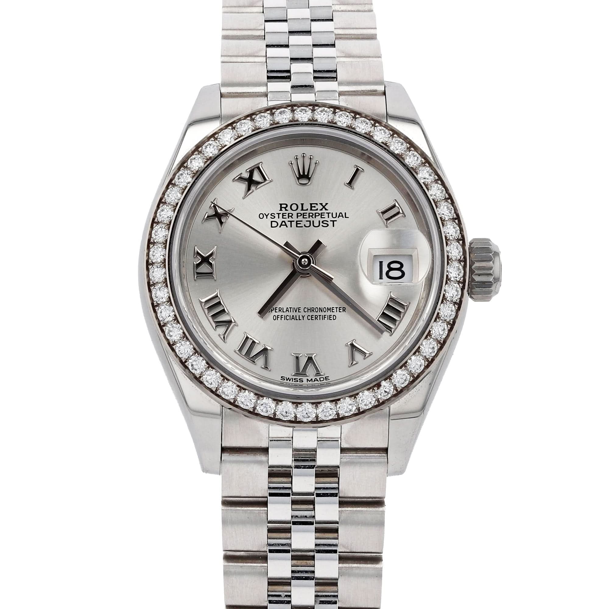 Pre-Owned Rolex Lady-Datejust 28mm Diamond Bezel Silver Roman Dial - Skeie's Jewelers