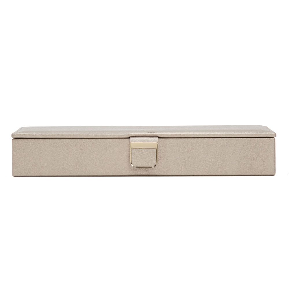 Beige jewelry box with a gold clasp on a white background