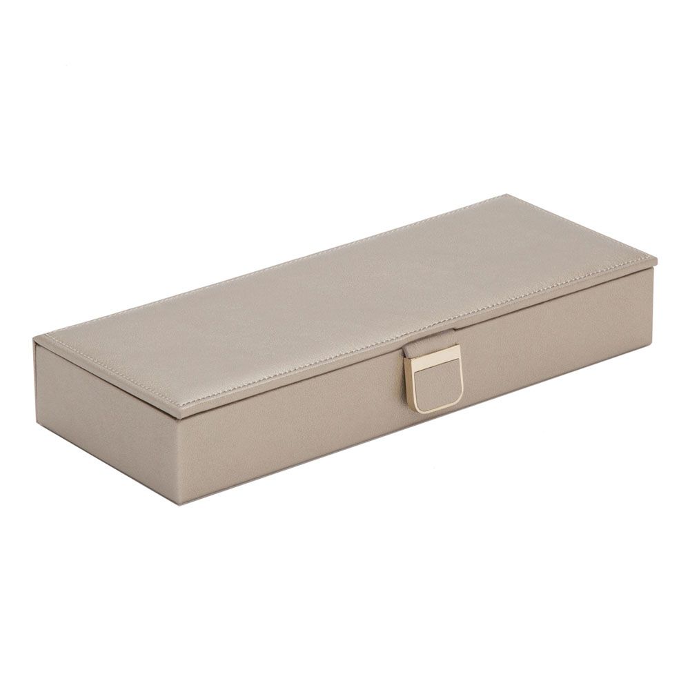 Beige jewelry box with a gold clasp on a white background side