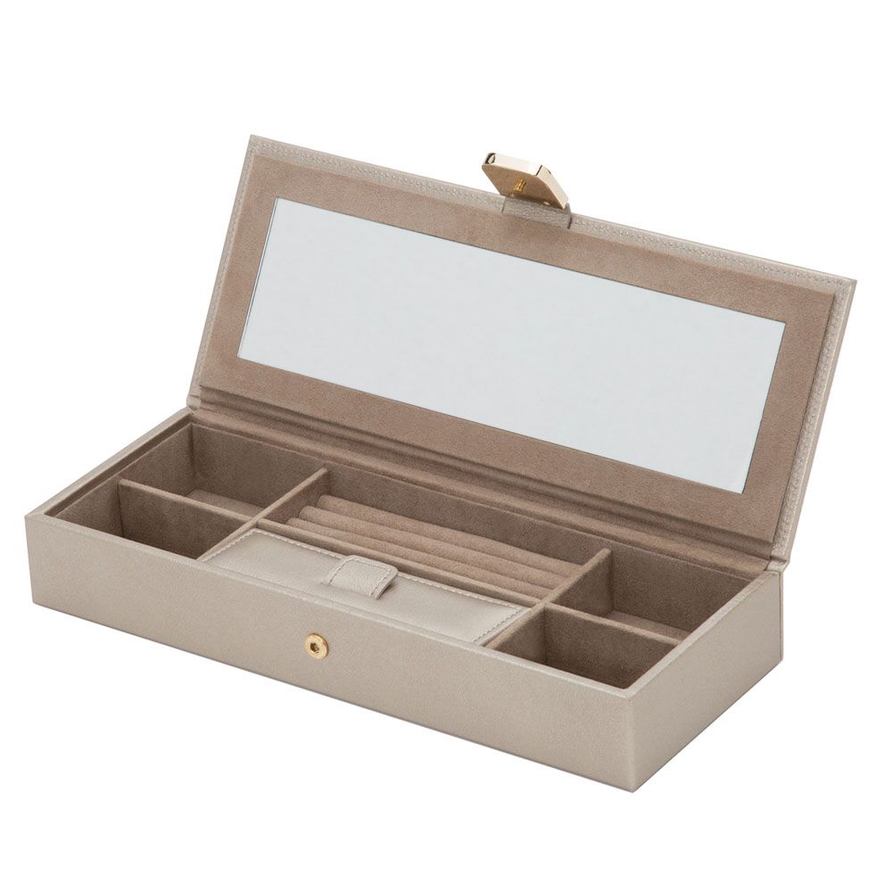 Beige jewelry box with compartments on a white background