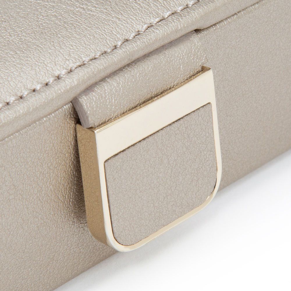 Close-up of a beige case with a gold buckle on a white background