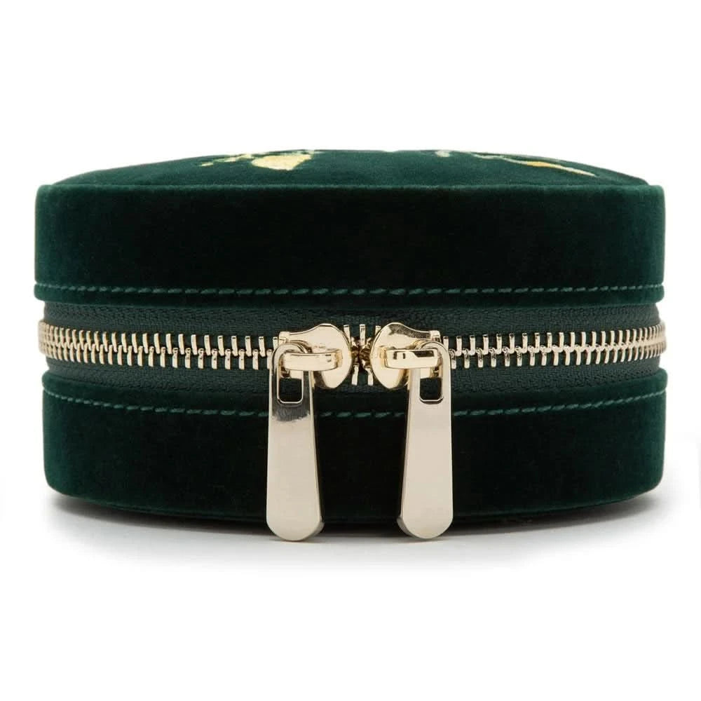 Green velvet jewelry box with gold zipper on a white background