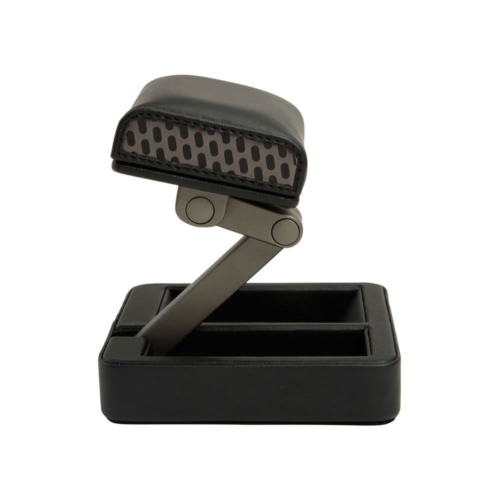 Black adjustable stand with a textured surface on a white background
