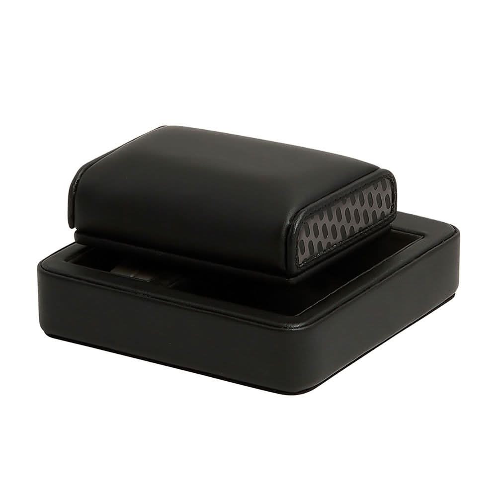 Black leather case with textured interior on a white background