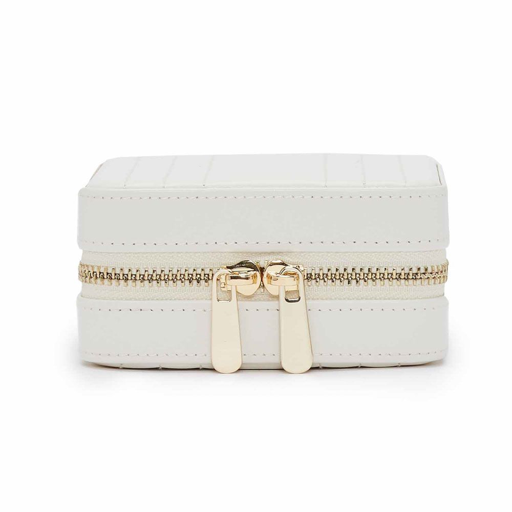 White jewelry box with gold zipper on a white background