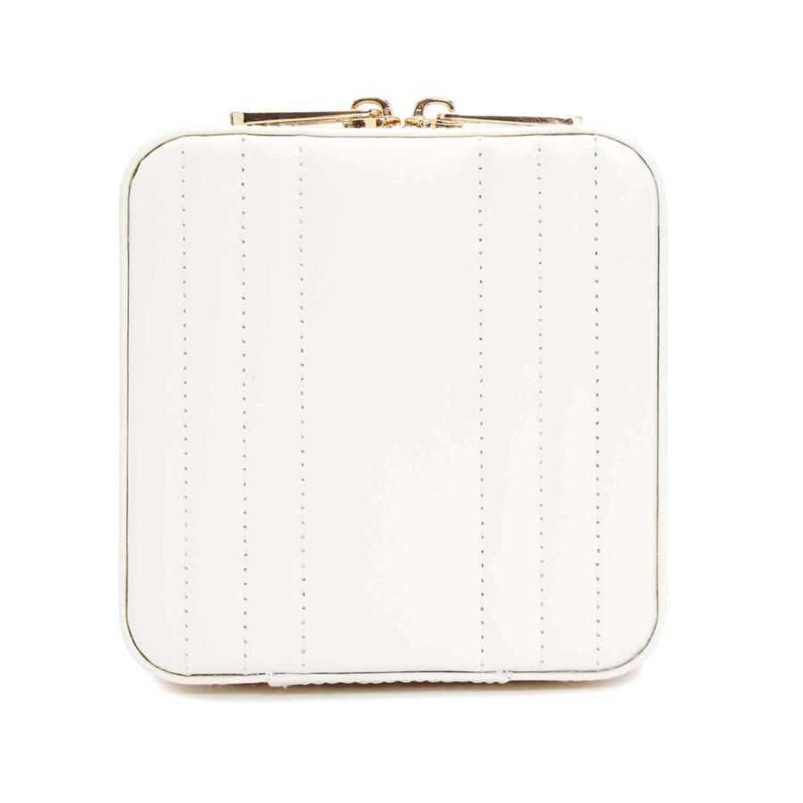 White quilted case with gold tone clasp on a white background