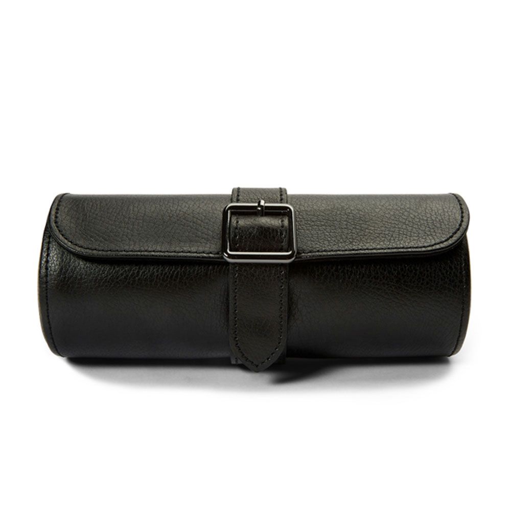 Black leather roll with a buckle on a white background