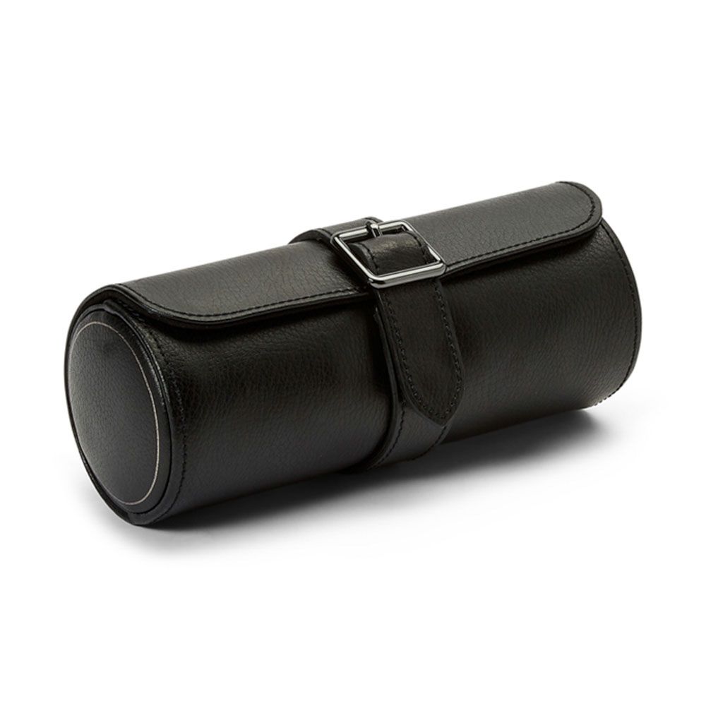Black leather roll with a buckle on a white background- angled