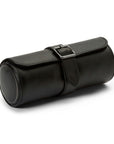 Black leather roll with a buckle on a white background- angled