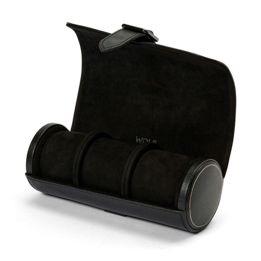Black watch roll carrying case opened on a white background