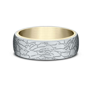 Two Tone Gold Fractured Rock Pattern Men's Wedding Band - Skeie's Jewelers
