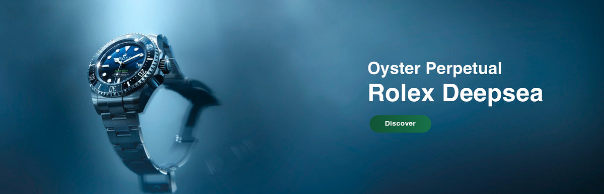 A Rolex Deepsea Oyster Perpetual watch with a dark blue dial and silver-toned metal bracelet, shown floating against a dark blue background with text reading 'Oyster Perpetual Rolex Deepsea' and a green 'Discover' button.