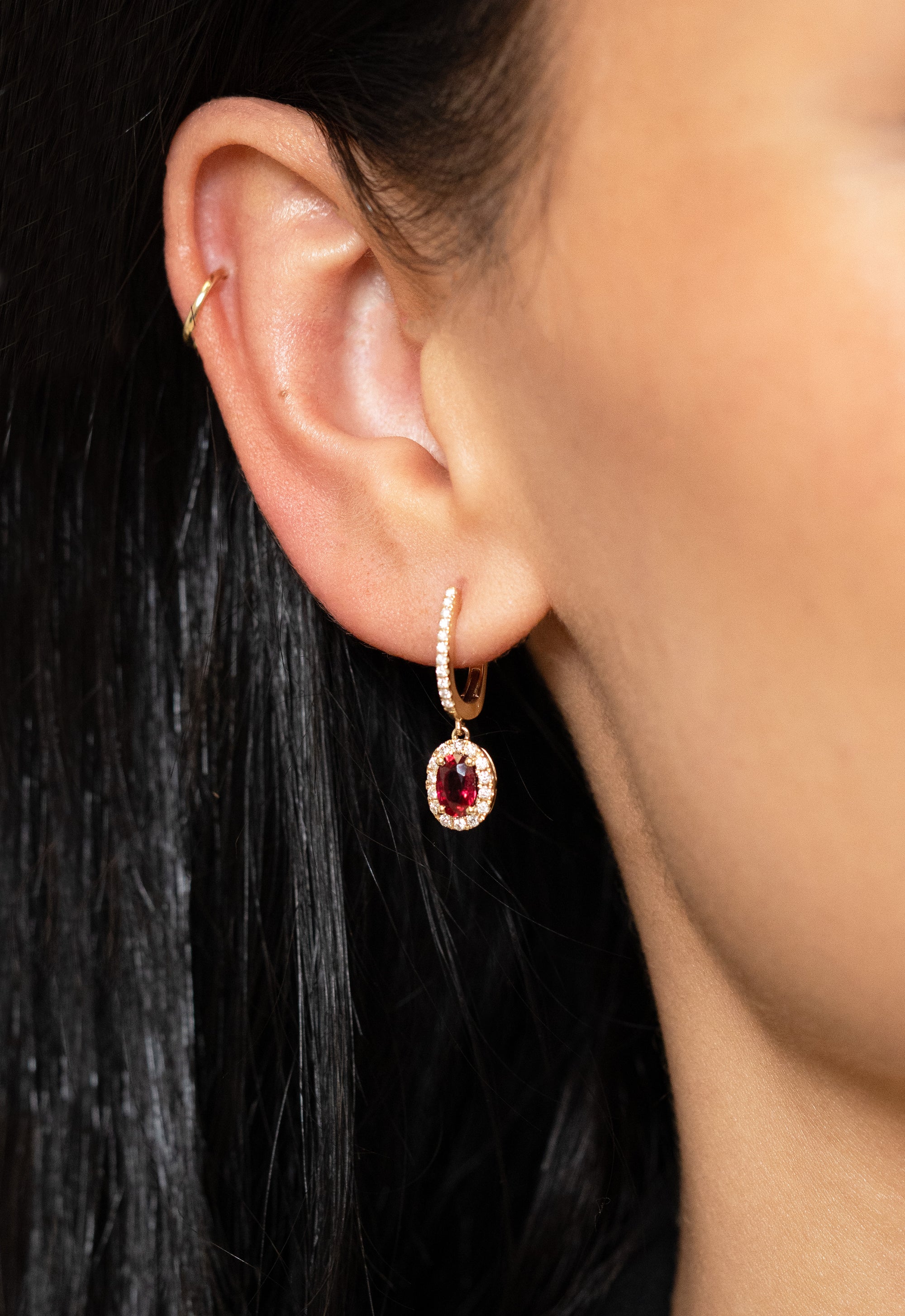 Oval Ruby & Diamond Halo Dangle Earrings - Skeie's Jewelers