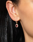 Oval Ruby & Diamond Halo Dangle Earrings - Skeie's Jewelers