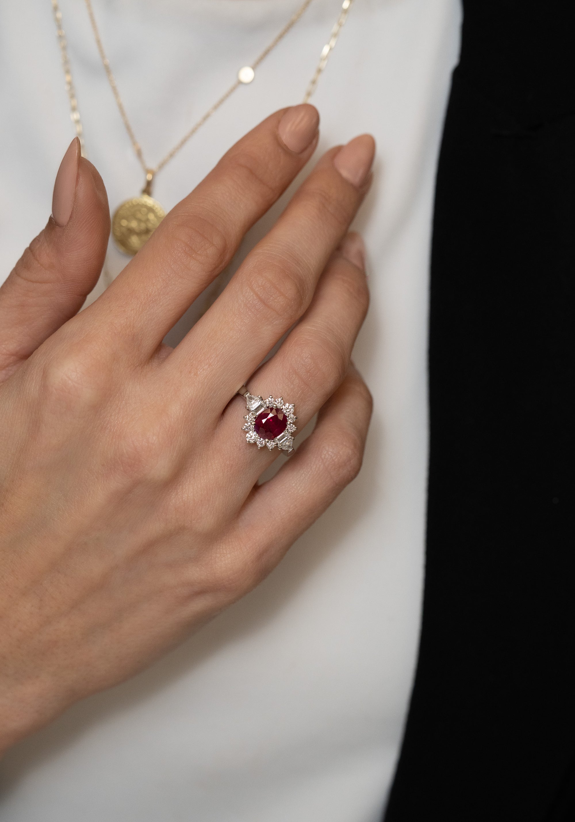 Vintage-Inspired Ruby Ring with Diamond Halo - Skeie's Jewelers
