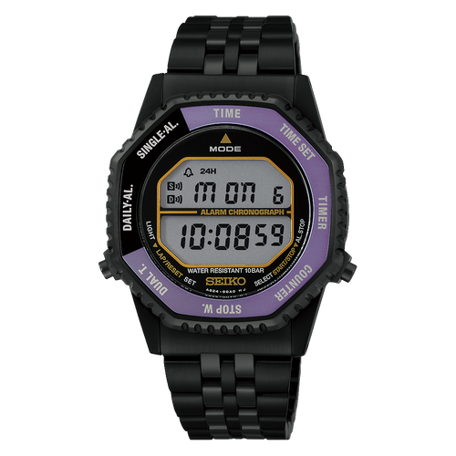 Seiko HFL001 145th Anniversary Rotocall digital watch black case and purple rotating bezel front view