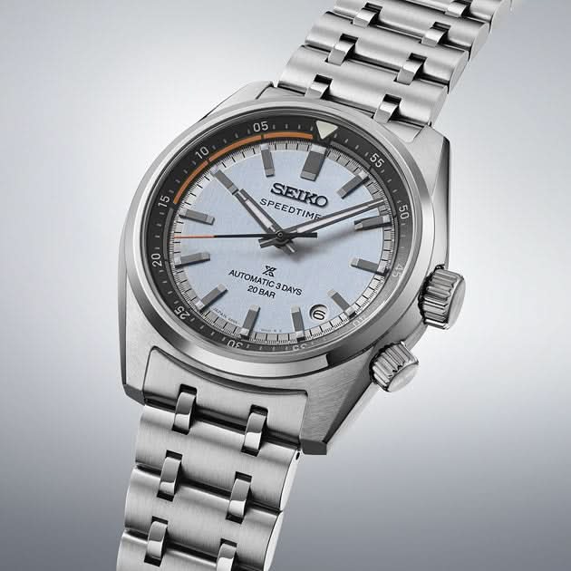 Seiko Prospex Speedtimer HBC003J1 light blue dial automatic watch angled view showing steel bracelet and countdown crown