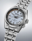 Seiko Prospex Speedtimer HBC003J1 light blue dial automatic watch angled view showing steel bracelet and countdown crown