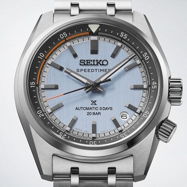 Close-up of Seiko Prospex HBC003J1 Speedtimer pale blue dial orange accents and rotating countdown scale