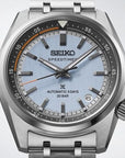 Close-up of Seiko Prospex HBC003J1 Speedtimer pale blue dial orange accents and rotating countdown scale