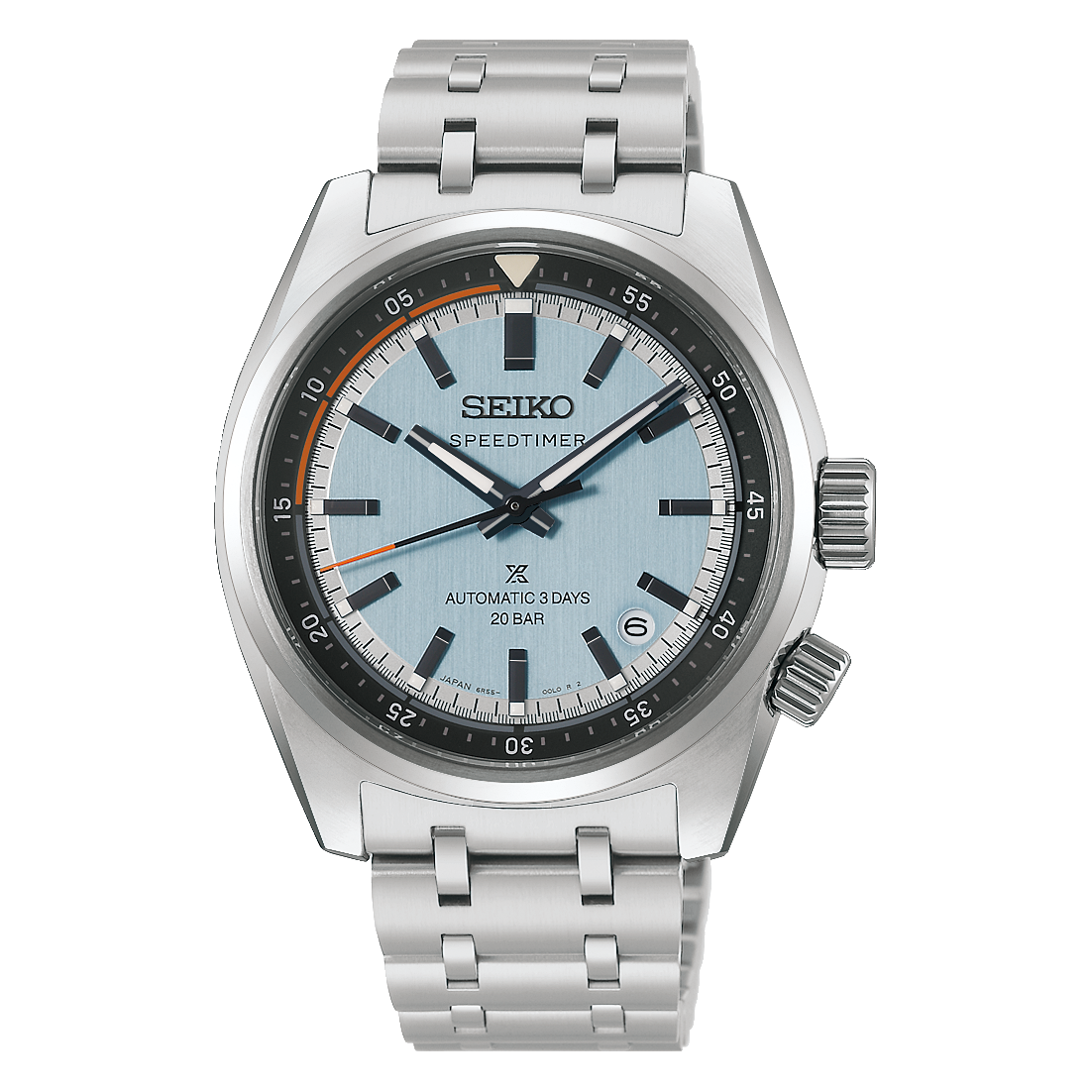 Seiko Prospex Speedtimer HBC003J1 automatic 39.5mm stainless steel watch with light blue dial and orange seconds hand, front view
