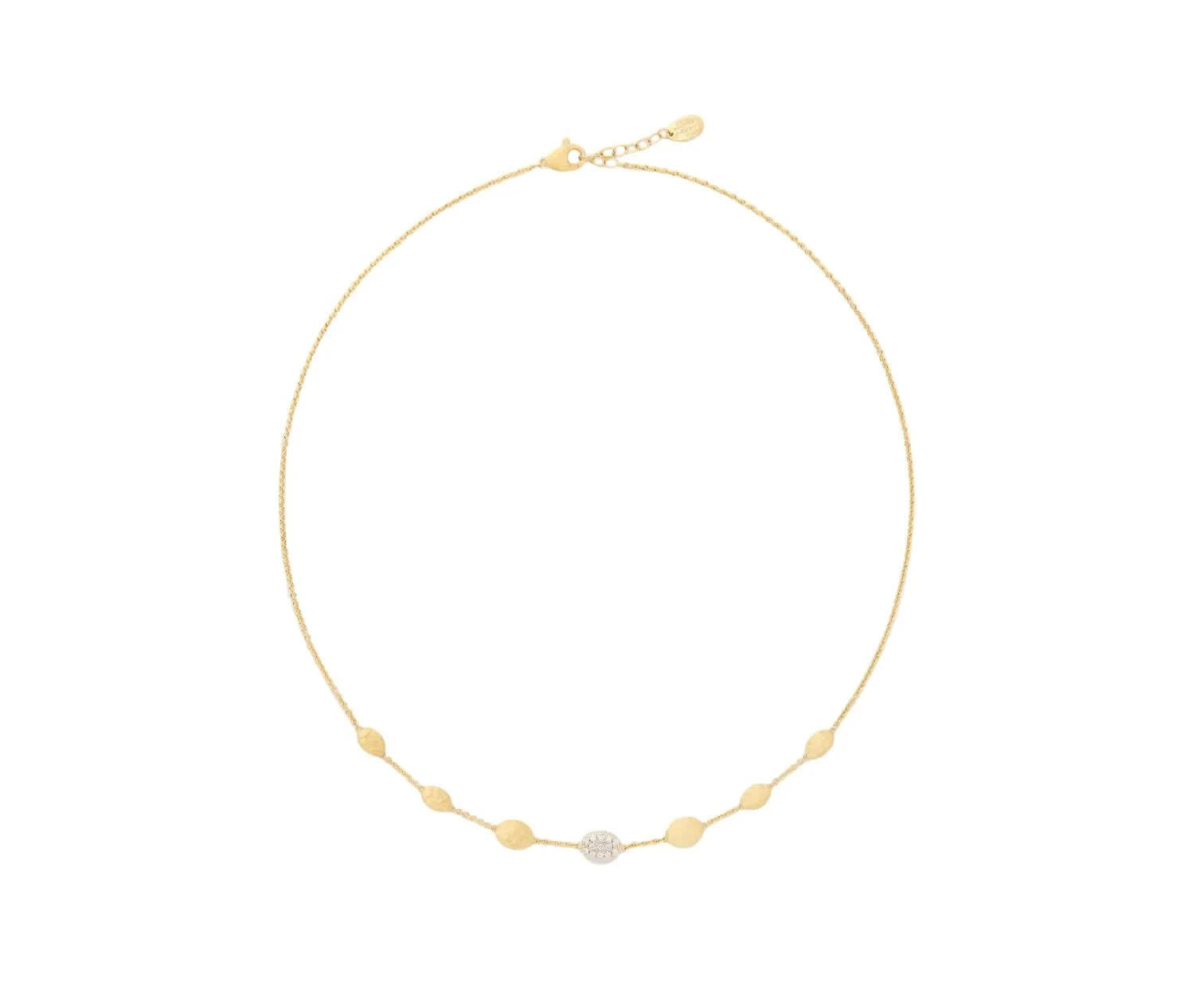 A delicate yellow gold chain necklace with small gold bead accents and a central pavé diamond accent, displayed on a light off-white background.
