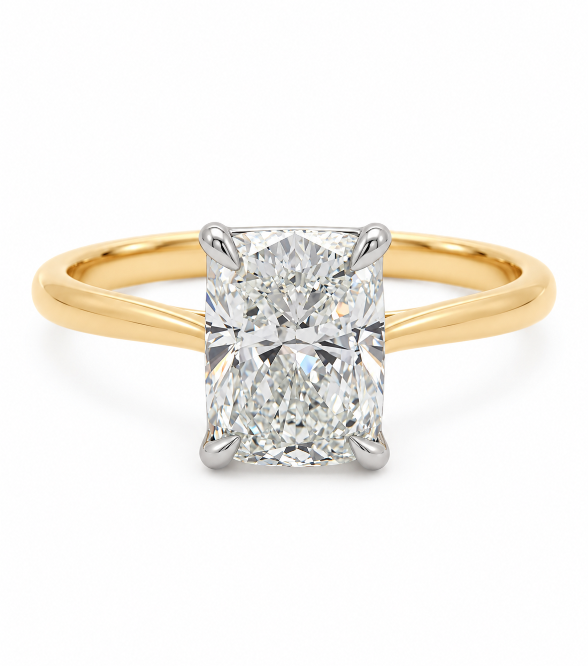 Skeie's 3.08 carat IGI F VVS2 lab-grown radiant diamond solitaire engagement ring in 18K yellow gold with platinum prongs