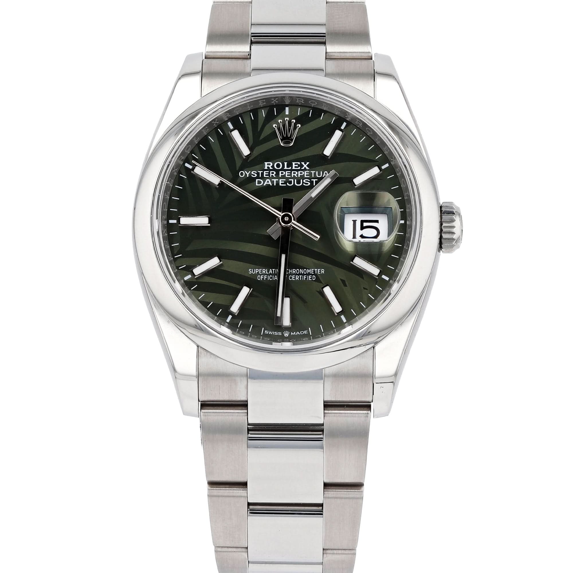 Pre-Owned Rolex Datejust 36 Olive Green Palm Dial Oyster Bracelet – 126200 - Skeie's Jewelers