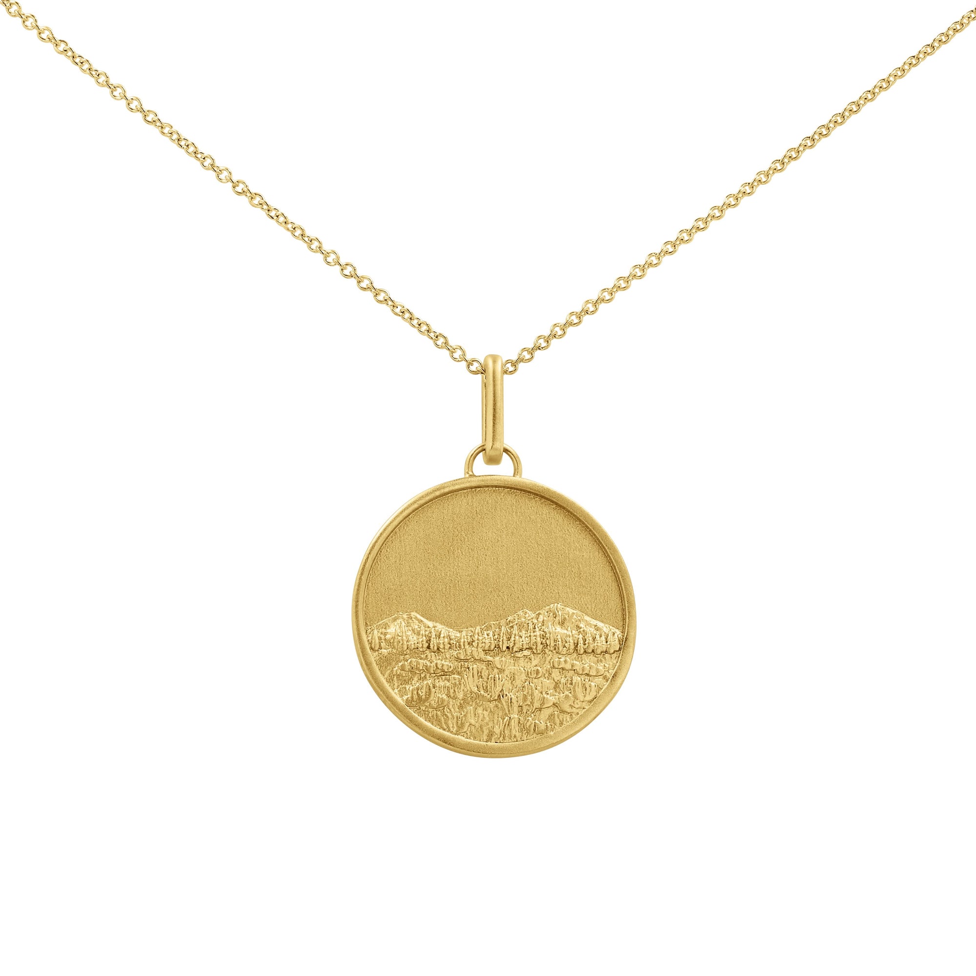 14k gold three sisters landscape medallion pendant