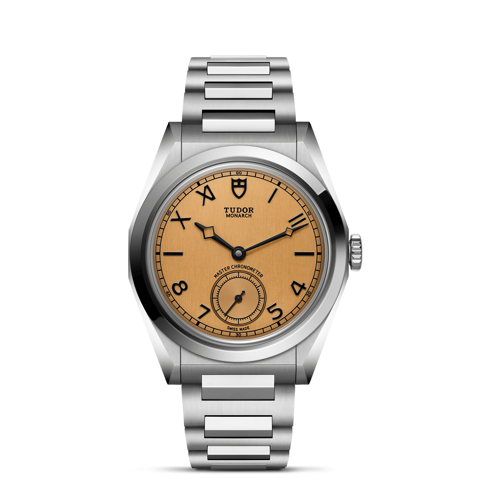 Silver Tudor watch with a brown face on a white background