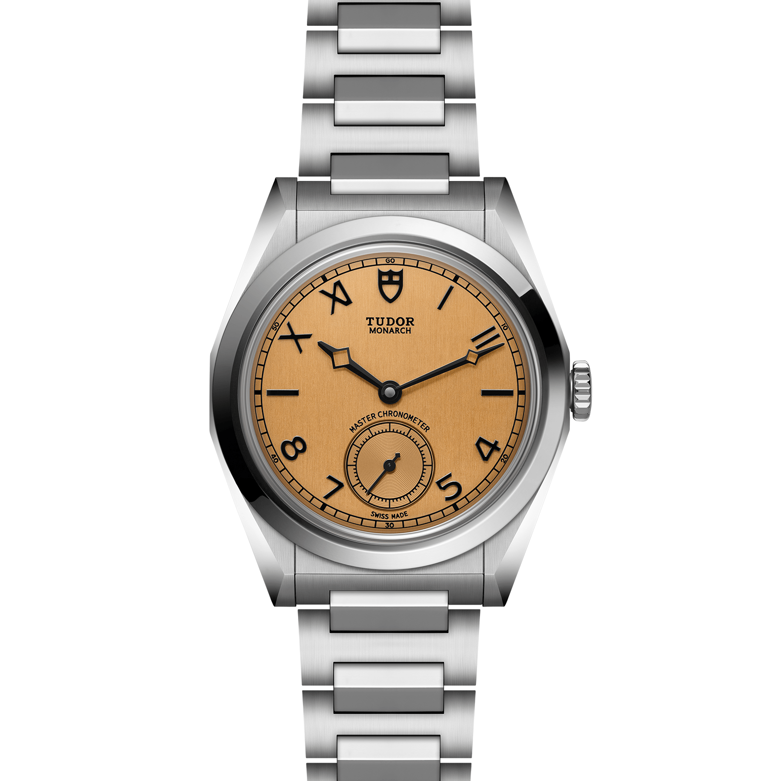 Silver watch with a brown face on a white background open bracelet