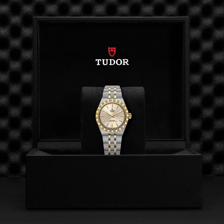 Tudor watch in a black display case with a dark textured background