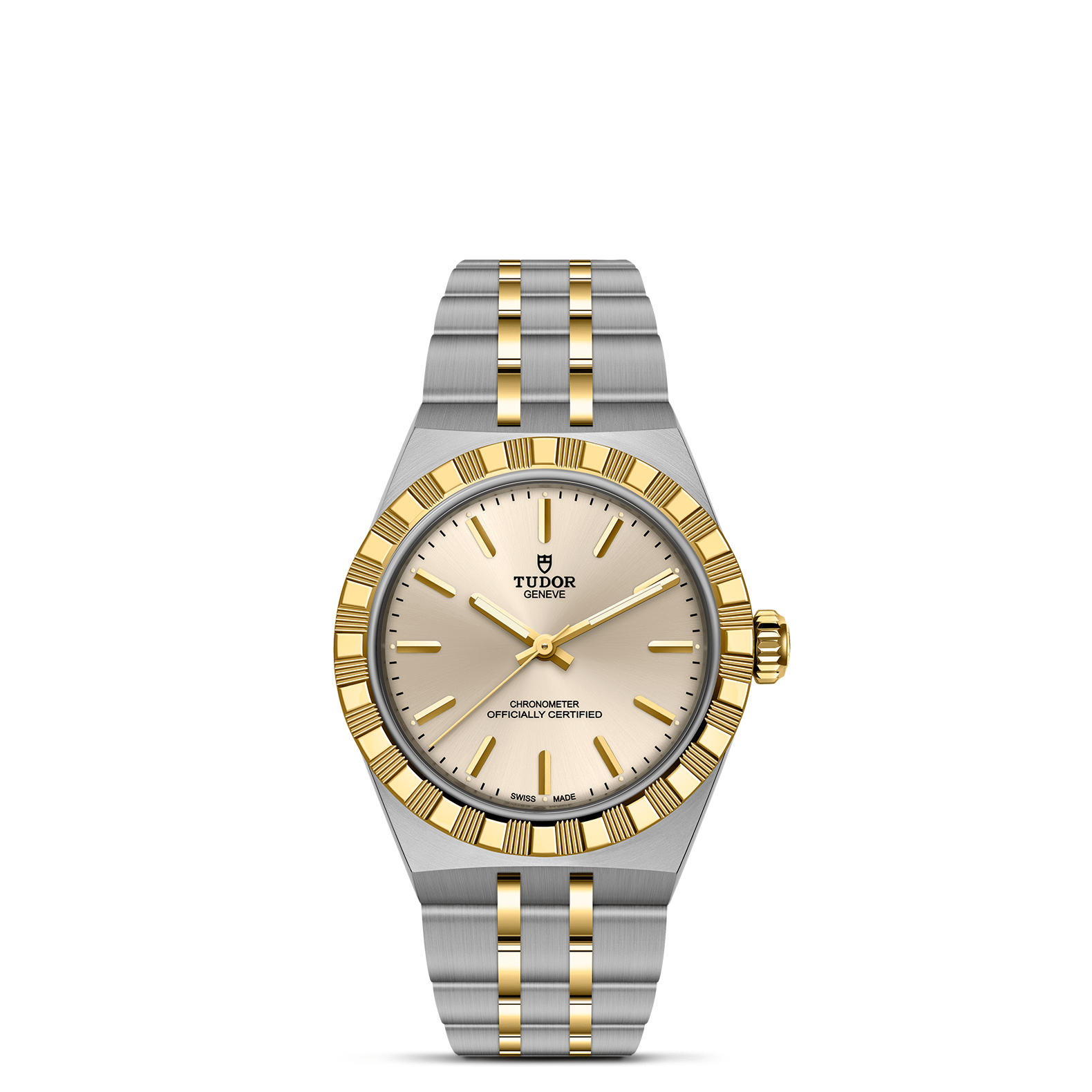 Tudor watch with silver and gold band on a white background