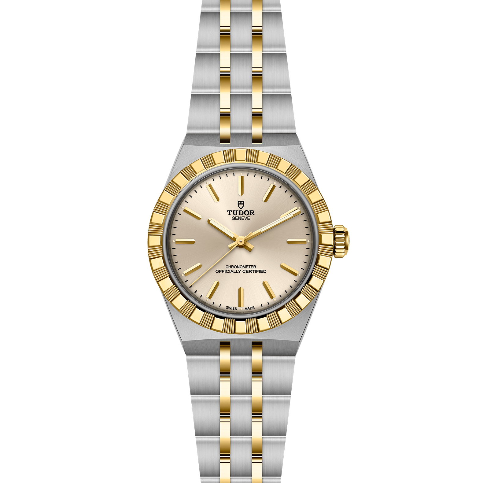 Two-tone silver and gold watch with Tudor logo open bracelet on a white background